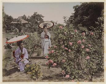 (JAPAN--TOKYO, KYOTO, ET AL.) A beautiful album with approx. 50 hand-colored photographs of landscapes, temples, gardens, and cities.